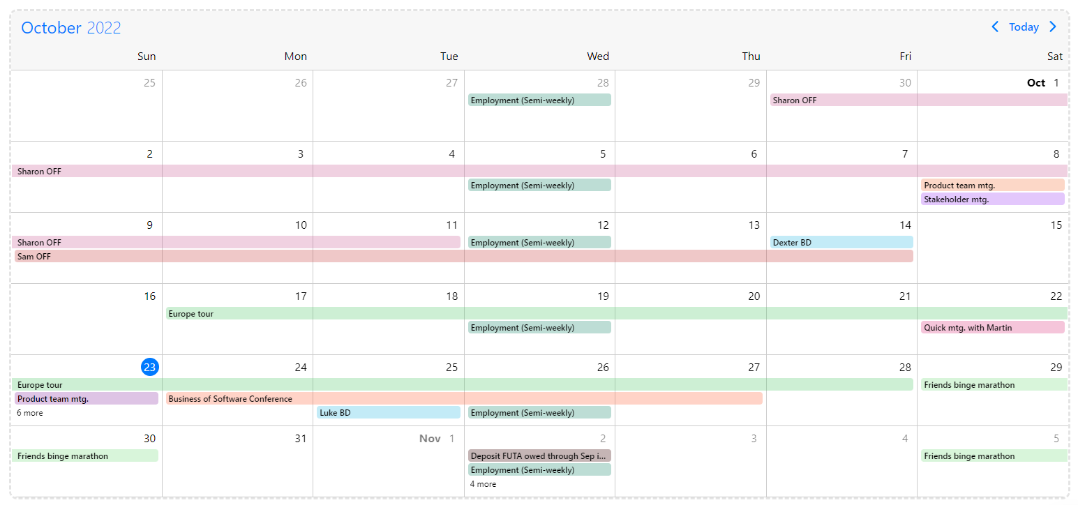 A screenshot of an online calander, with various events on different days.